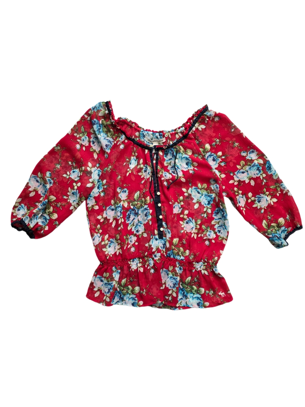 Abercrombie & Fitch Vintage Sheer Red Floral Peasant Blouse Size Medium